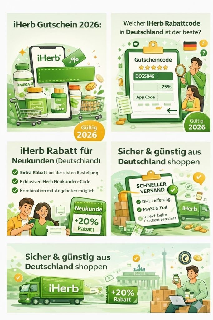 Vergleich der besten iHerb Gutscheine für Deutschland – DCG5846, GOLD60 und App Rabatte